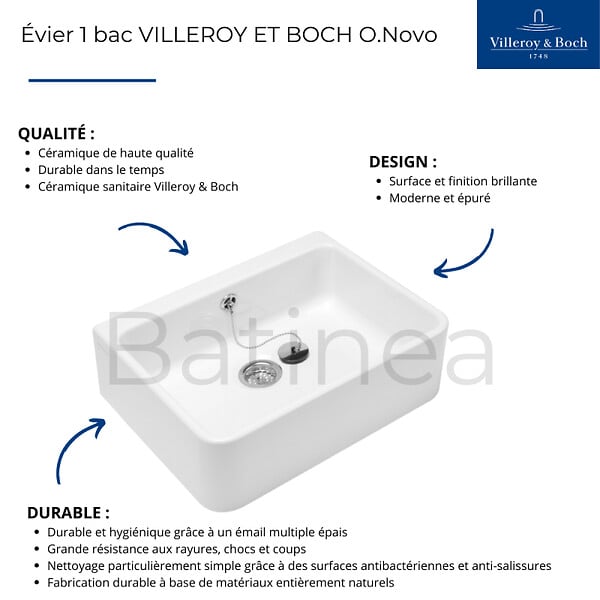VILLEROY & BOCH - Timbre d'office SOLBAC O.NOVO - Dimensions : 595 x 200 x 500 mm - couleur : blanc - Avec trop plein- réf : 63220001 - VILLEROY ET BOCH - large