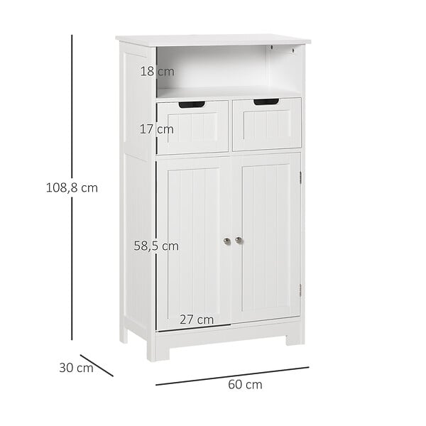 KLEANKIN - Meuble bas de salle de bain multi-rangements grande niche 2 tiroirs placard double porte avec étagère MDF blanc - large