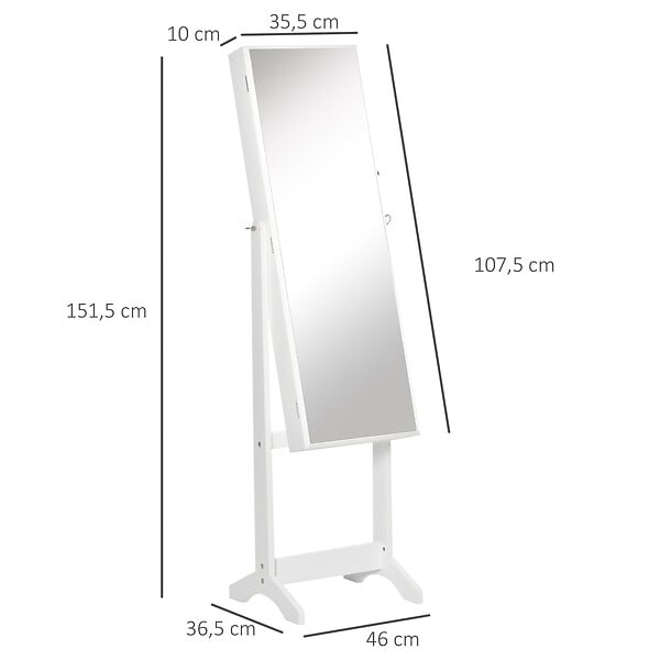 HOMCOM - Armoire à bijoux avec miroir à pied multi-rangement inclinaison réglable serrure dim. 46L x 36,5l x 151,5H cm MDF blanc - large
