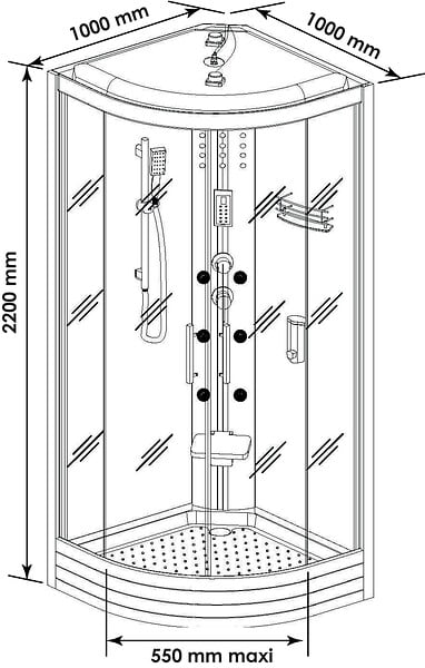 ONDEE - Cabine de douche hydromassante et hydrothérapie - Radio - GALIA - Gris - 1/4 C - 100cm - large