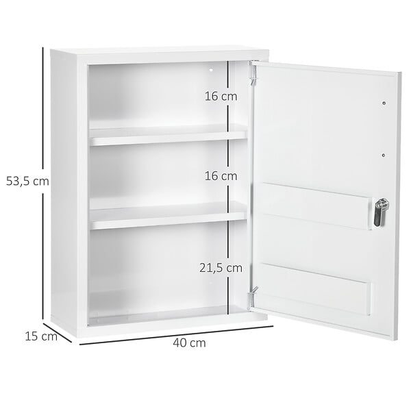 KLEANKIN - Armoire à pharmacie 2 étagères 3 niv. verrouillables dim. 40L x 15l x 53H cm 2 clés logo croix acier blanc - large