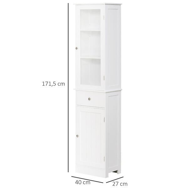 KLEANKIN - Meuble colonne de salle de bain placard porte acrylique 2 étagères placard porte 1 étagère tiroir MDF blanc - large