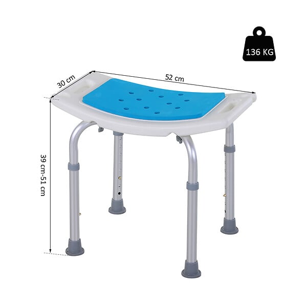 HOMCOM - Siège de douche réglable en hauteur tabouret de douche ergonomique pieds antidérapants charge max. 136 Kg alu HDPE blanc bleu - large