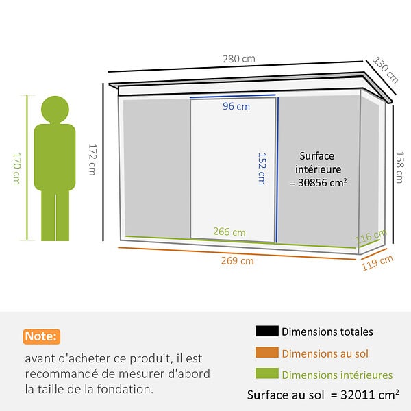 OUTSUNNY - Abri de jardin - remise pour outils - cabanon portes verrouillables - dim. 2,8L x 1,3l x 1,72H m - tôle d'acier gris noir - large
