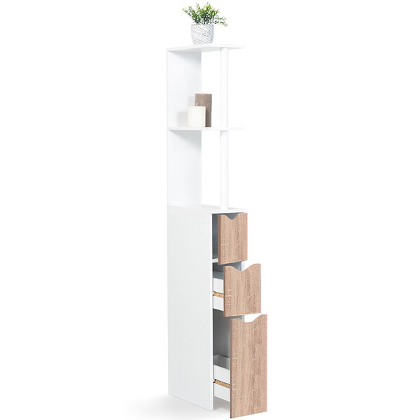 ID MARKET - Meuble WC étagère WILLY bois 3 portes blanc et hêtre - large
