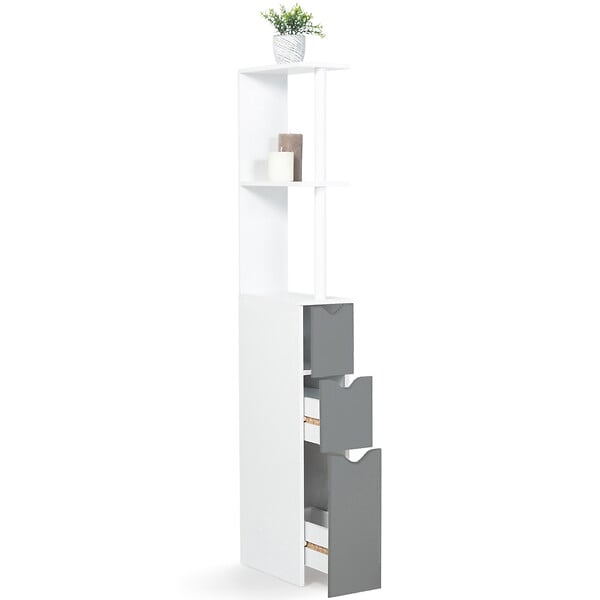 ID MARKET - Meuble WC étagère WILLY bois 3 portes blanc et gris - large