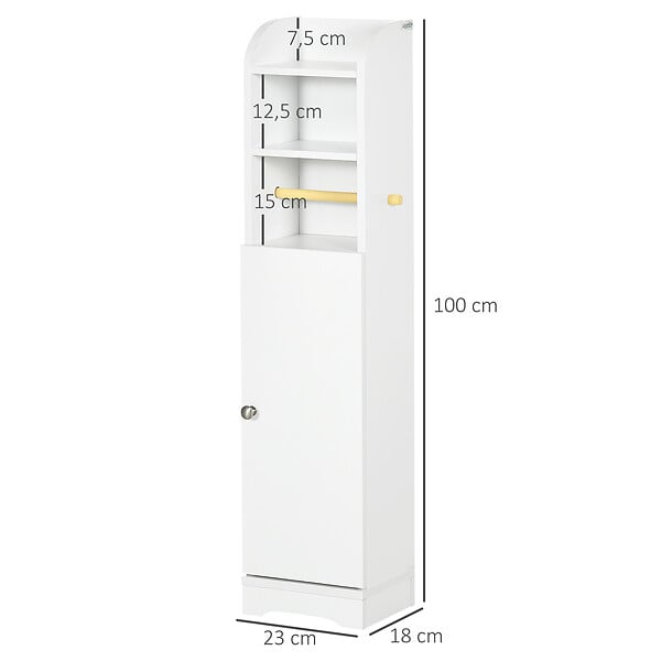 KLEANKIN - Meuble WC armoire toilette - porte, 2 étagères, niche, support papier - dim. 23L x 18l x 100H cm - blanc - large