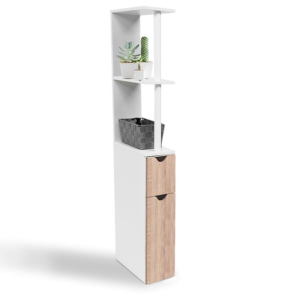 ID MARKET - Meuble WC étagère WILLY bois 2 portes blanc et hêtre - large