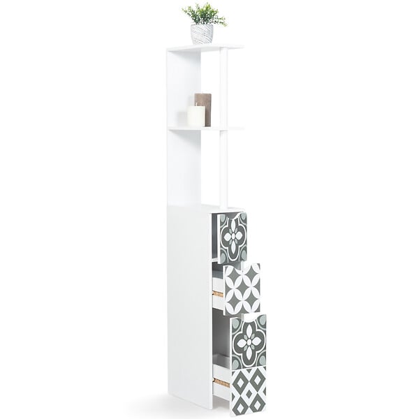 ID MARKET - Meuble WC étagère bois WILLY 3 portes blanc et motif carreaux de ciment gris - large