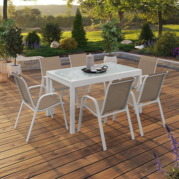 ID MARKET - Salon de jardin MADRID table extensible 135-270 CM et 12 chaises empilables blanc et beige - large
