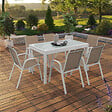 ID MARKET - Salon de jardin MADRID table extensible 135-270 CM et 12 chaises empilables blanc et beige - vignette
