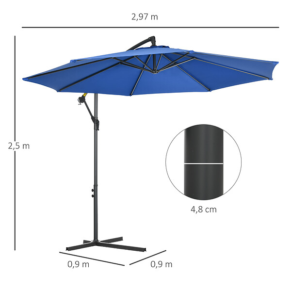 OUTSUNNY - Parasol déporté octogonal inclinable rabattable diamètre 2,97 m parasol de jardin avec pied en croix bleu - large