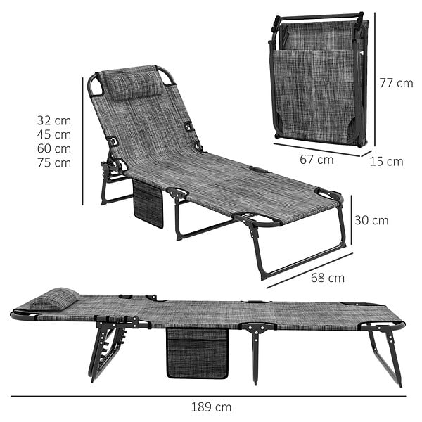 OUTSUNNY - Lot de 2 transats bains de soleil pliables inclinables - tétière, matelas épais - métal tissu gris - large