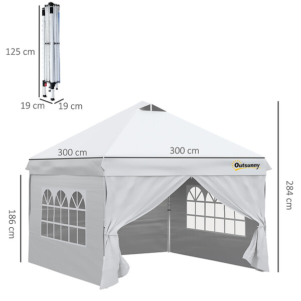 OUTSUNNY - Tonnelle barnum pliant pop-up 3L x 3l x 2,84H m 4 parois latérales amovibles 2 fenêtres + sac de transport métal Oxford blanc - large