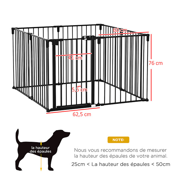 PAWHUT - PawHut Barrière de sécurité - parc enclos chien modulable pliable - porte verrouillable - 8 panneaux acier et PP - dim. 482,5L max. x 76H cm noir - large