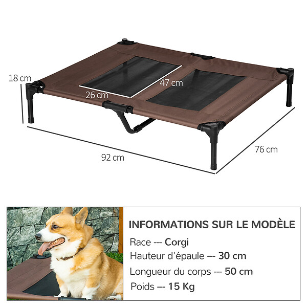 PAWHUT - Lit sur pieds pour chien chat lit de camp animal lit surélevé Oxford textilène micro-perforé dim. 92L x 76l x 18H cm marron - large