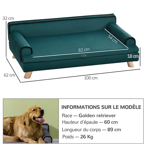PAWHUT - Canapé chien lit pour chien chat avec accoudoirs dossier coussin déhoussable pieds bois velours bleu canard - large