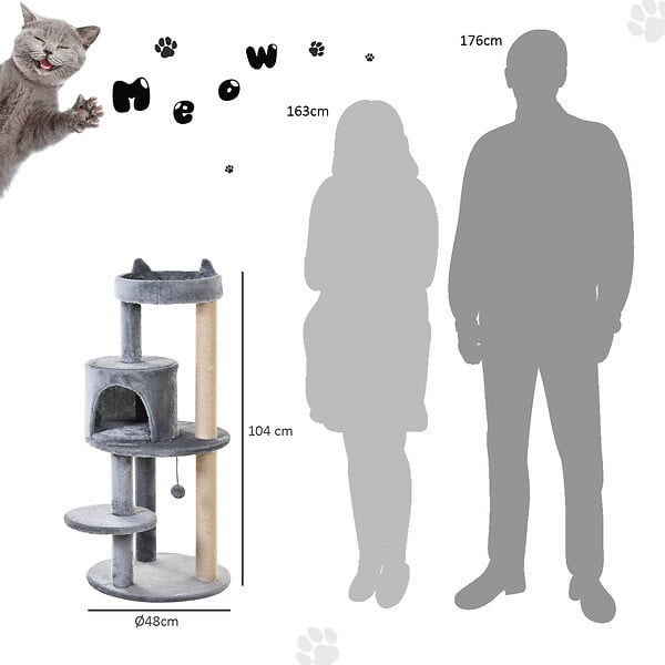 PAWHUT - Arbre à chats multi-équipements griffoirs grattoirs plateformes niche jeu boule suspendue Ø 48 x 104H cm gris - large