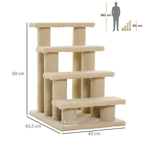 PAWHUT - Escalier pour chat - escalier pour chien - 4 marches - revêtement flanelle grande douceur haute densité - structure panneaux particules - beige - large