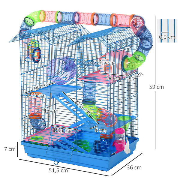 PAWHUT - Cage pour Hamster Souris Petit Animaux Rongeur avec Tunnel Mangeoire Roue Jouet 47 x 30 x 59 cm cm Bleu - large