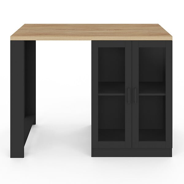 ID MARKET - Ilot central LINO 120 cm 2 personnes bois noir avec plan de travail façon hêtre et portes vitrées - large