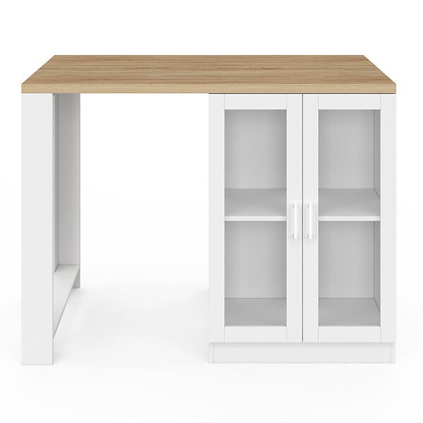 ID MARKET - Ilot central LINO 120 cm 2 personnes bois blanc et plan de travail façon hêtre et portes vitrées - large