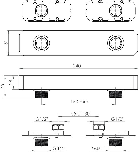 ONDEE - Adaptateur multi-entraxe pour robinetterie murale à entraxe non standard - large