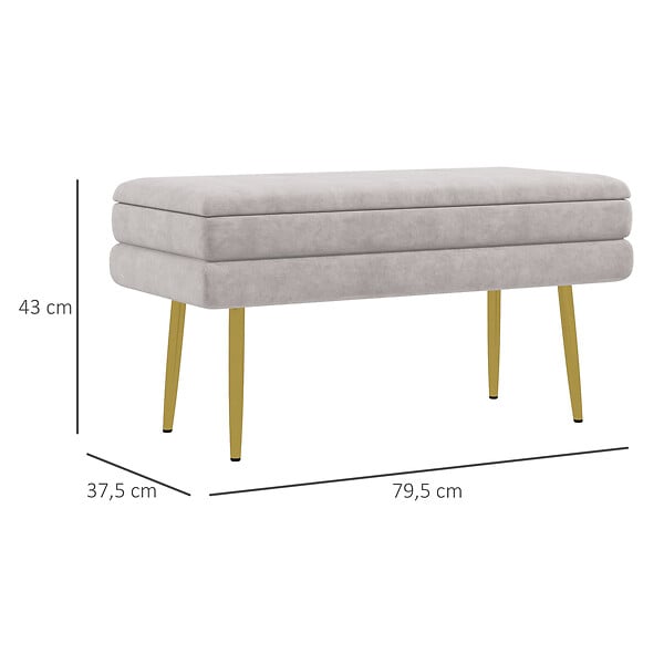 HOMCOM - Banquette coffre de rangement 2 en 1 piètement effilé incliné acier doré velours gris clair - large