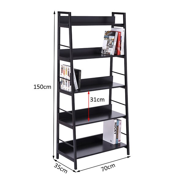 HOMCOM - Étagère bibliothèque de rangement style industriel incliné 5 niveaux 70L x 35l x 150H cm noir - large