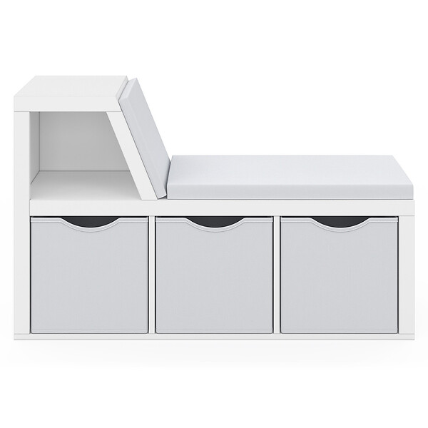 ID MARKET - Bibliothèque banc OSCAR 4 cases avec coussins gris et bacs tissus 102 cm blanc - large