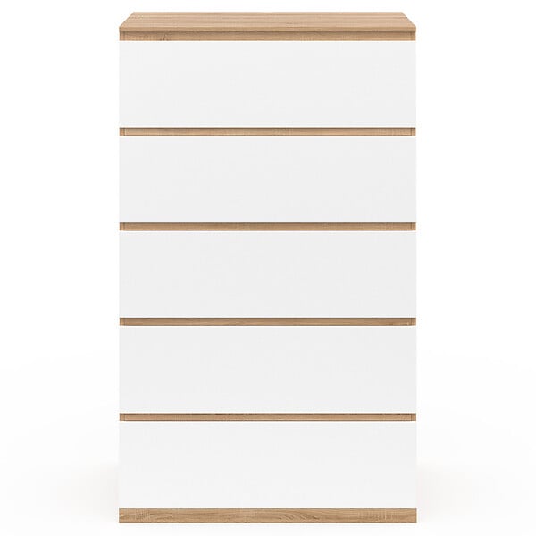 ID MARKET - Chiffonnier 5 tiroirs TOMI 60x40x100 cm commode semainier bois façon hêtre et blanc - large