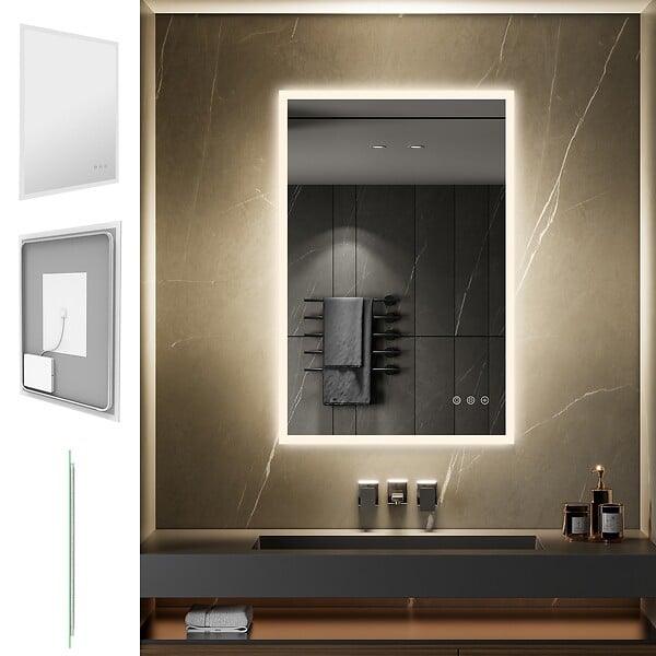 SANIVERRE - TEMEO Miroir LED lumineux 90 x 120 cm antibuée + intensité 2100 lumens & 3 couleurs salle de bain - large