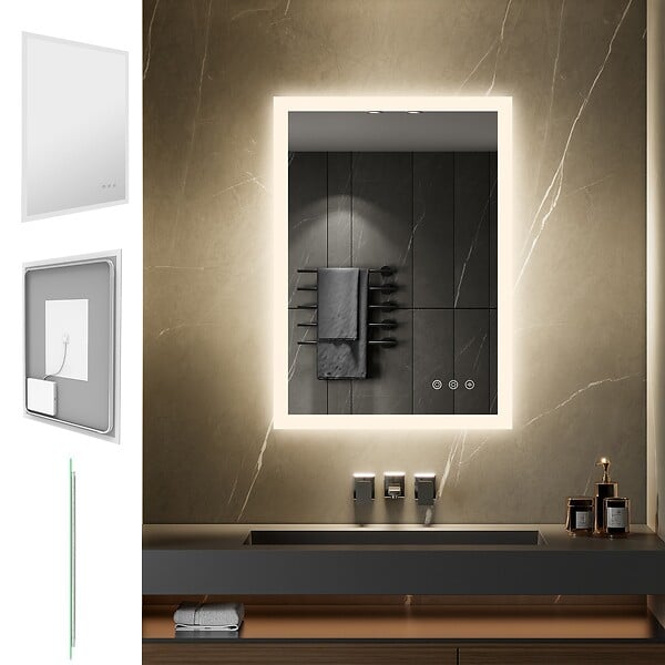 SANIVERRE - TEMEO Miroir LED lumineux 50 x 70 cm antibuée + intensité 2100 lumens & 3 couleurs salle de bain - large
