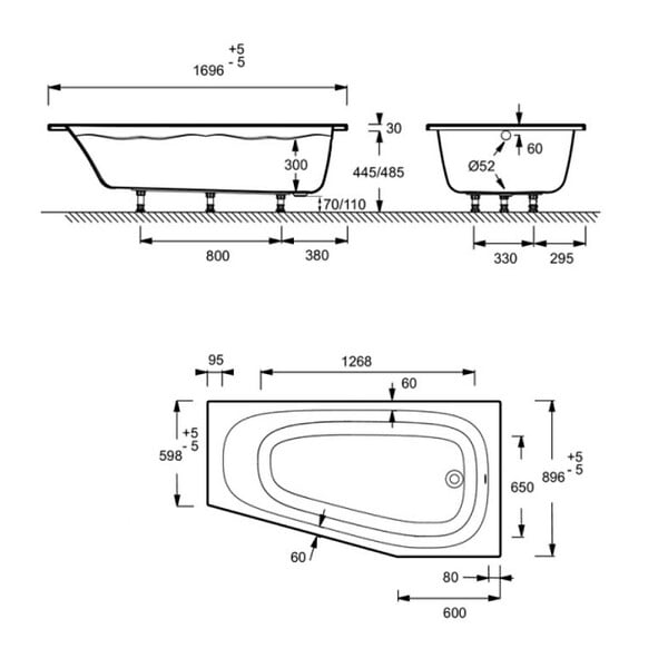 JACOB DELAFON - Baignoire bain douche 170 x 90 Bastille vidage à droite blanc brillant - large