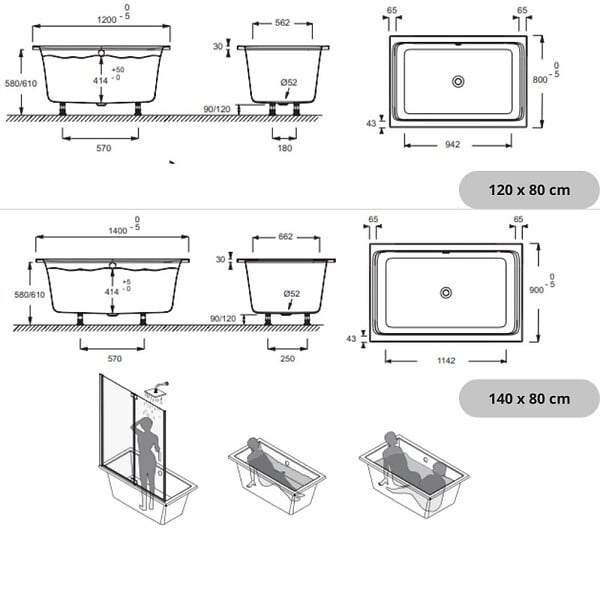 JACOB DELAFON - Baignoire bain douche 140 X 90 Capsule + marche pieds - large