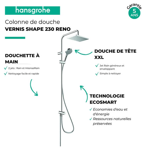 HANSGROHE - Colonne de douche ou bain douche sans mitigeur Vernis Shape 230 EcoSmart chromé + tablette AddStoris - large