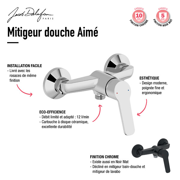 JACOB DELAFON - Pack mitigeur de douche mécanique Aimé noir + barre + pommeau de douche - large