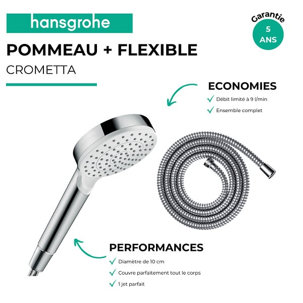 HANSGROHE - Pommeau de douche Crometta + Flexible Metaflex 160 cm chromé - large
