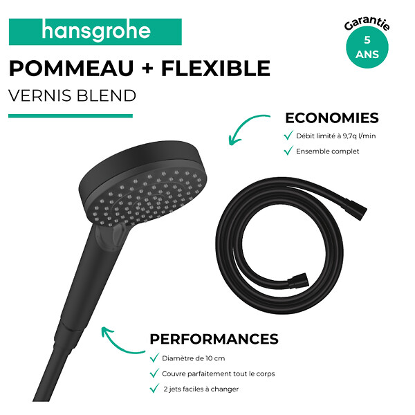 HANSGROHE - Pommeau de douche Vernis Blend + Flexible Isiflex 160 cm noir mat - large