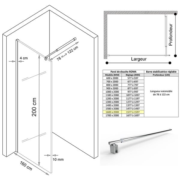 SANIVERRE - ROMA Paroi de douche Italienne 160x200cm verre 10 mm semi-opaque - large