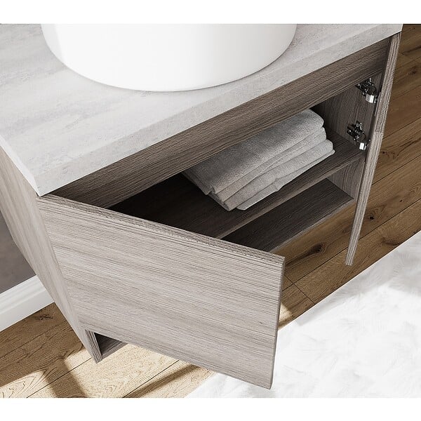 SANIVERRE - Meuble Sous Vasque 60 Cm Chêne Fumé + Plan Gris Béton - Oslo - large