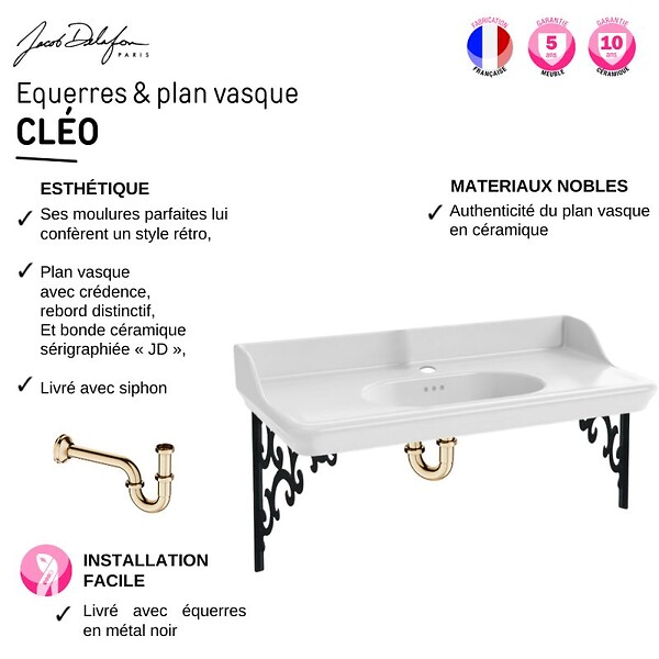 JACOB DELAFON - Pack plan vasque suspendu Cléo 1889 + siphon or - large