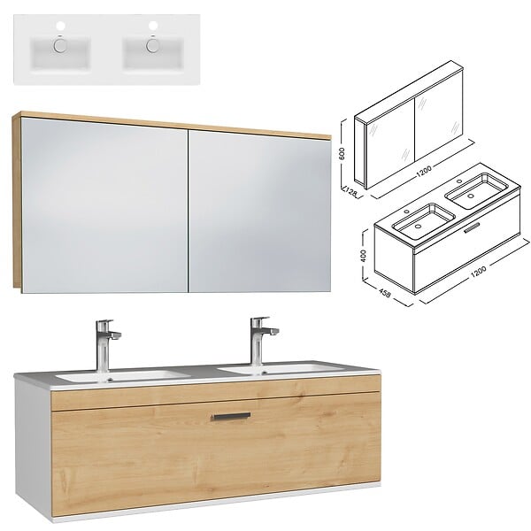 SANIVERRE - Meuble Double Vasque Encastrée 120 Cm + Miroir Armoire 1 Tiroir Chêne Clair Salle De Bain - Rubite - large
