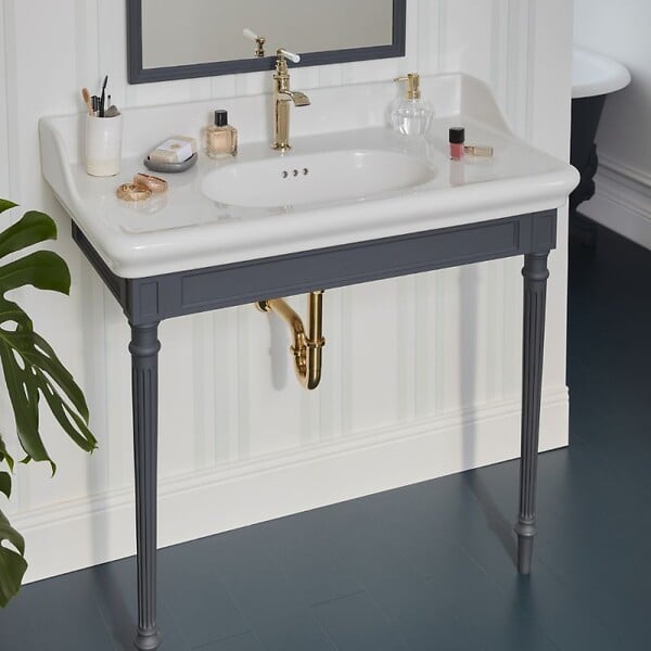JACOB DELAFON - Console Cléo 1889 avec plan vasque + miroir + siphon or - large