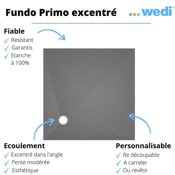 WEDI - Receveur à carreler FUNDO PRIMO écoulement excentré - Receveur carré à écoulement excentré 1500 x 1500 x 40 mm - WEDI - large