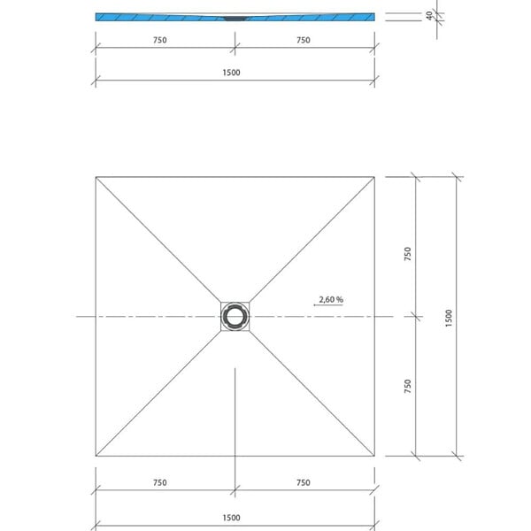 WEDI - Receveur de douche à carreler 150 x 150 Fundo Primo carré écoulement centrée + bonde horizontale + kit d'étanchéité - large
