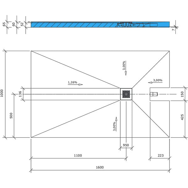 WEDI - Receveur à carreler 160 x 100 cm Fundo Plano, bonde intégrée + kit d'étanchéité - large