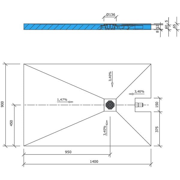 WEDI - Receveur à carreler 140 x 90 cm Fundo Plano, bonde intégrée + kit d'étanchéité - large