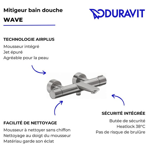 DURAVIT - Mitigeur bain douche thermostatique Wave inox brossé - large