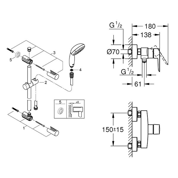 GROHE - Pack mitigeur douche mécanique Start 2021 + ensemble de douche 2 jets Vitalio Start avec barre chromé - large